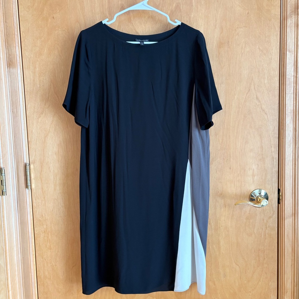 Eileen Fisher Silk Colorblock Shift Dress Black Grey Cream S18GC Womens Small